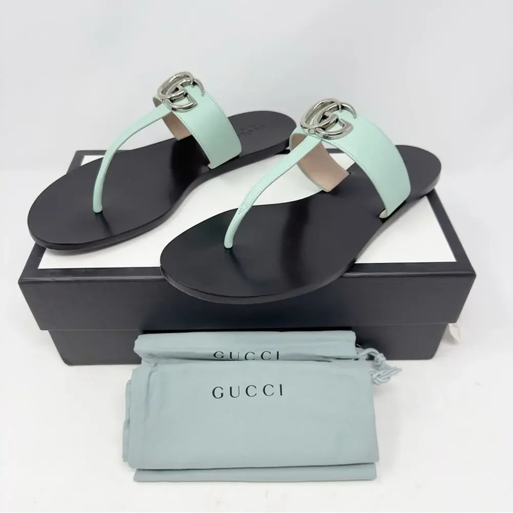 Gucci GG Marmont Mint Green Leather Flat Thong Sandals Womens Size EU 39